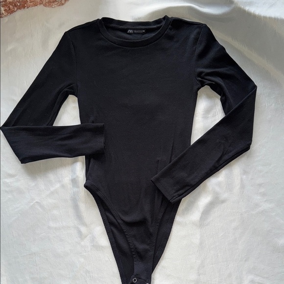 Zara Black Long Sleeve Bodysuit Ribbed Knit Double Snap Sz Medium - Picture 2 of 9